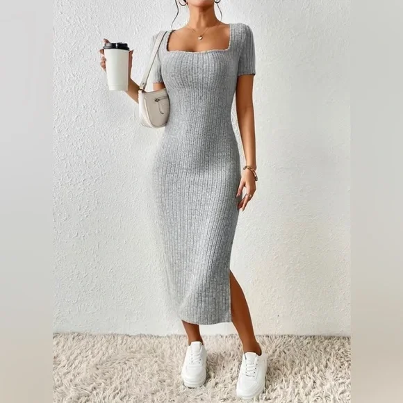 Soft Gray Ribbed Square Neck Side Slit Midi Dress - Picture 4 of 5